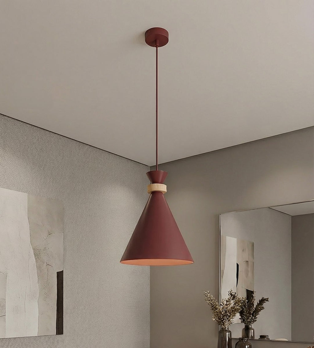 Hanglamp gepoedercoat staal met hout Scandinavisch Zero bordeaux Ø 23 cm, 1 fitting E27 voor eettafel of kookeiland