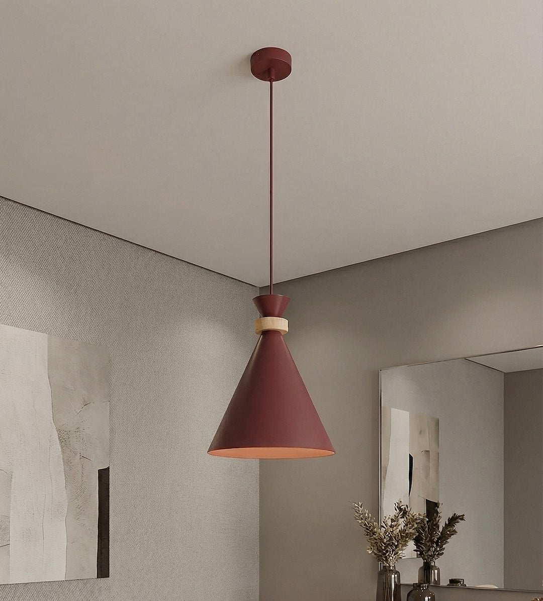 Hanglamp gepoedercoat staal met hout Scandinavisch Zero bordeaux Ø 23 cm, 1 fitting E27 voor eettafel of kookeiland