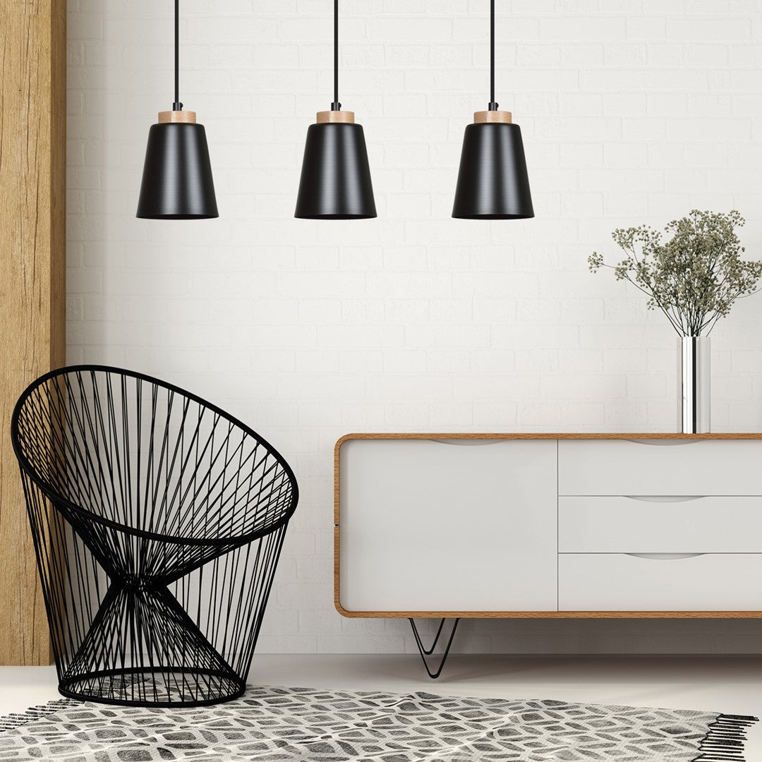 Hanglamp gepoedercoat staal en hout Bolero, Scandinavisch, zwart, 14 x 100 cm, 1 fitting E27