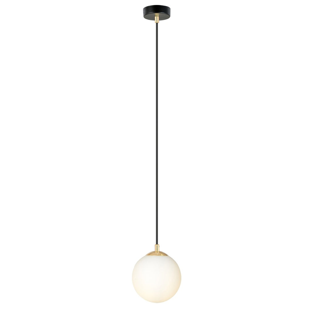 Hanglamp gepoedercoat staal en glas, retro, zwart met goud, witte kap Ø 14 cm, hoogteverstelbaar, E14