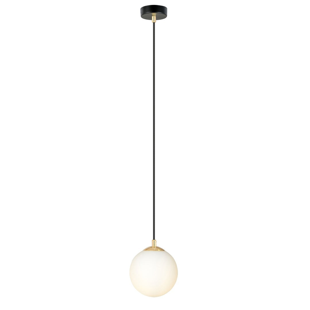 Hanglamp gepoedercoat staal en glas, retro, zwart met goud, witte kap Ø 14 cm, hoogteverstelbaar, E14