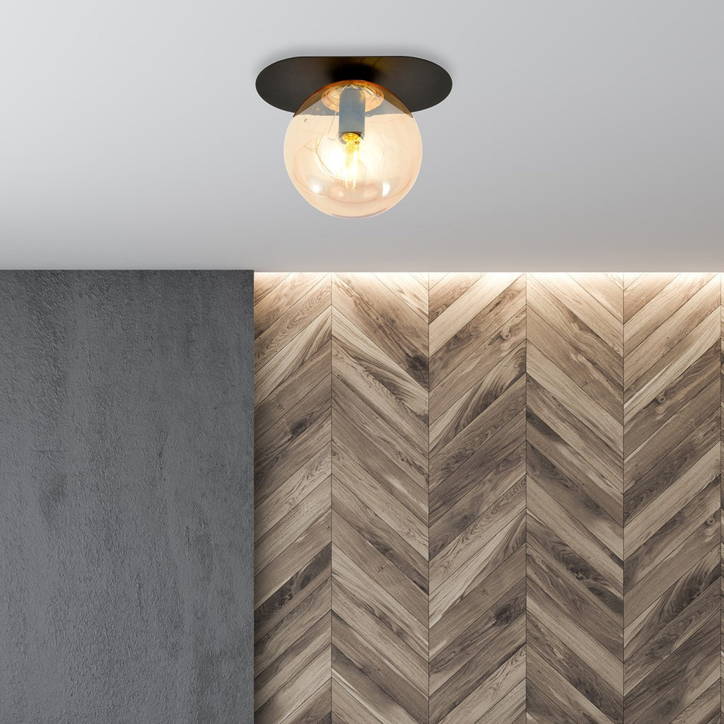 Plafondlamp Plaza gepoedercoat staal en glas, modern, zwart met amberkleurig glas Ø 14 cm, 1 x E14