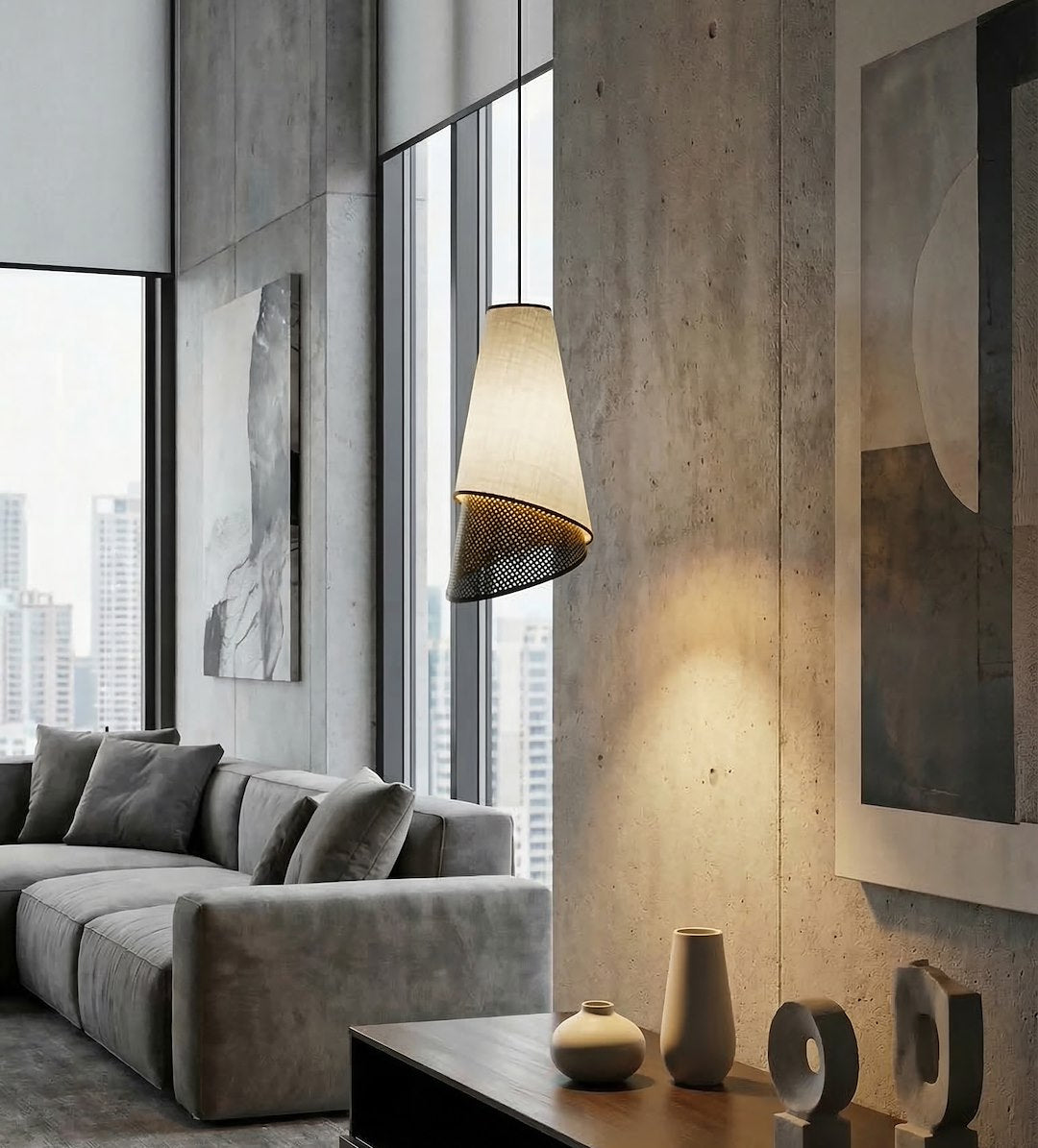 Hanglamp gepoedercoat staal met stoffen kap Moda, grijs en zwart, Ø 20 cm, 1 fitting, voor eettafel en woonkamer