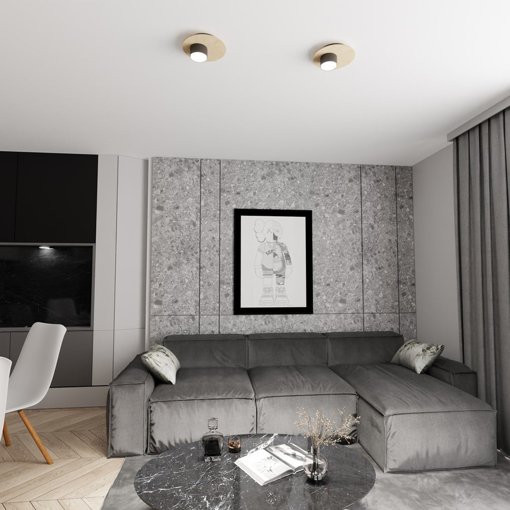 Plafondlamp multiplex en zwart staal, Scandinavisch, model Pixo, Ø 20 cm, voor woonkamer, slaapkamer en kantoor