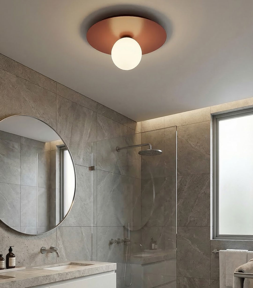 Plafondlamp gepoedercoat staal modern Solar 1 bordeaux met witte glazen bol, Ø 43 cm, voor woonkamer en slaapkamer