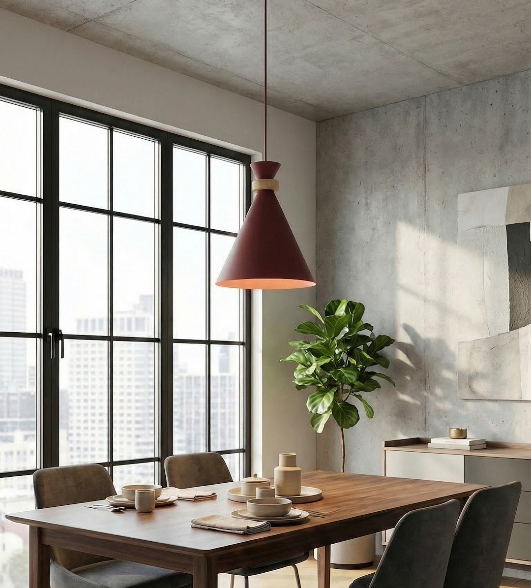 Hanglamp gepoedercoat staal met hout Scandinavisch Zero bordeaux Ø 23 cm, 1 fitting E27 voor eettafel of kookeiland