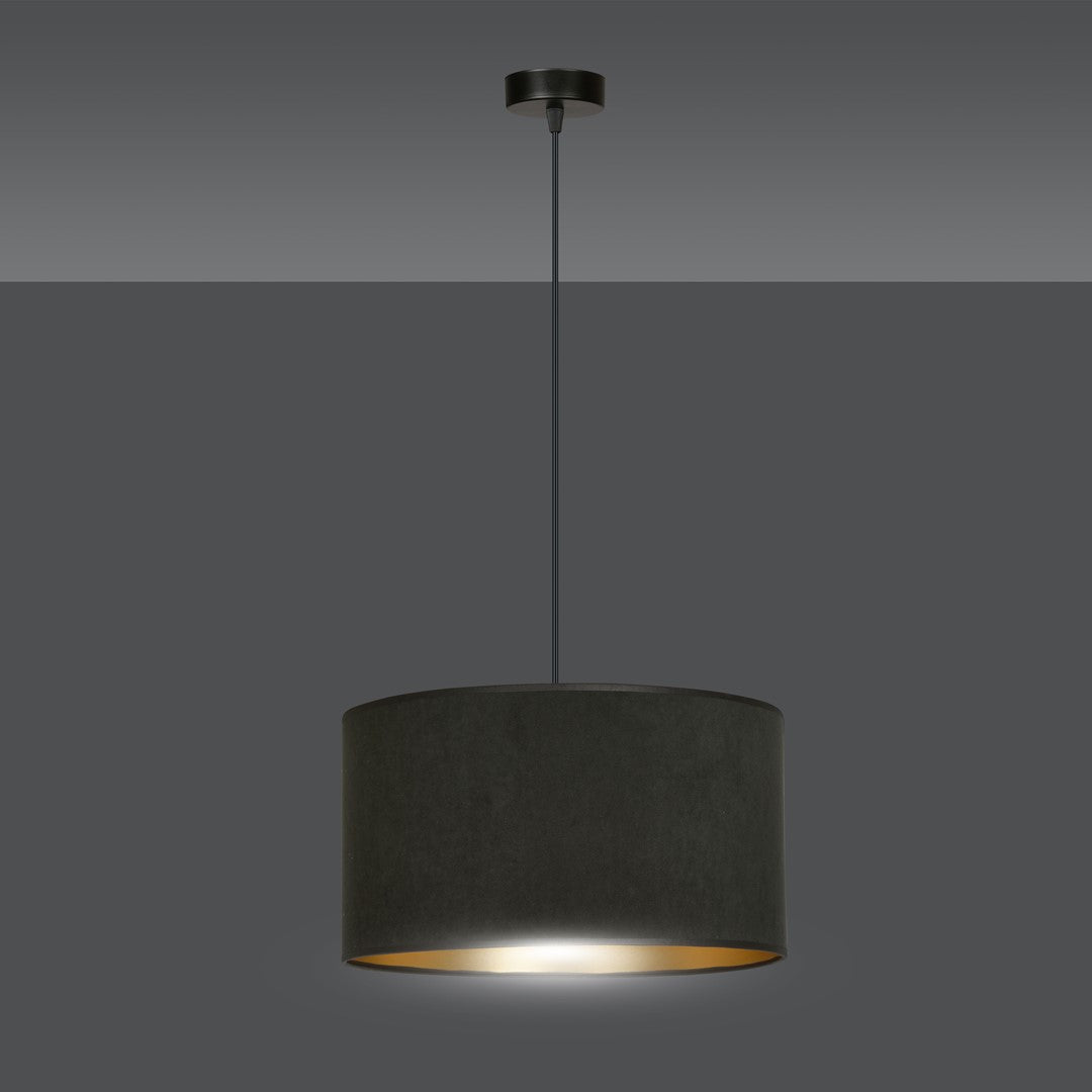 Hanglamp gepoedercoat staal en stof Hilde zwart met gouden binnenkant Ø 35 cm, voor eettafel, woonkamer en hal