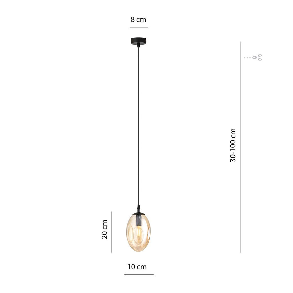 Hanglamp gepoedercoat staal en glas Astral, amber kap, zwart armatuur, Ø 12 cm, E14, woonkamer en hal