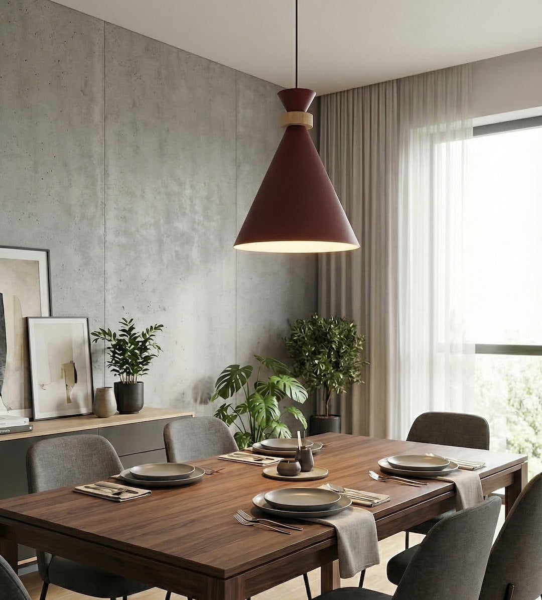 Hanglamp gepoedercoat staal met hout Scandinavisch Zero bordeaux Ø 23 cm, 1 fitting E27 voor eettafel of kookeiland
