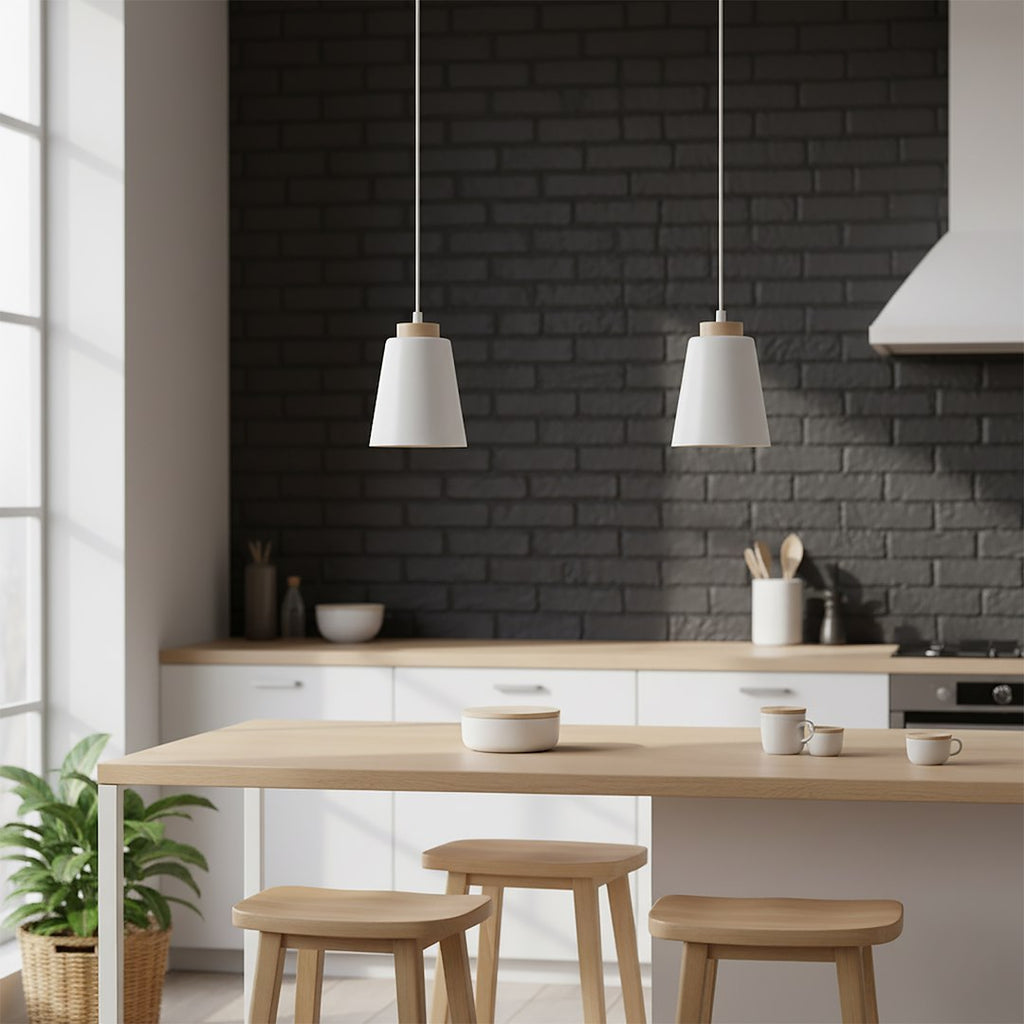 Hanglamp gepoedercoat staal en hout Bolero, Scandinavisch wit, 14 x 100 cm, 1 fitting E27, voor woonkamer en slaapkamer