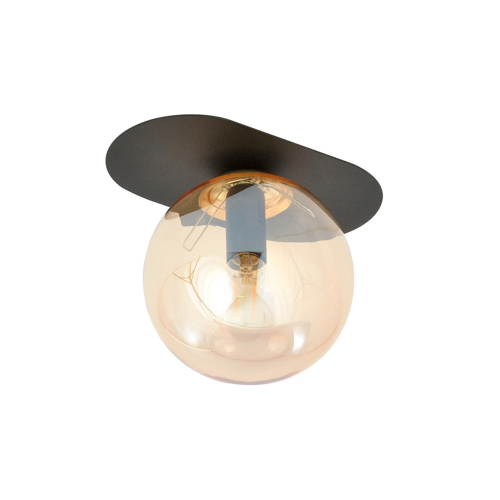 Plafondlamp Plaza gepoedercoat staal en glas, modern, zwart met amberkleurig glas Ø 14 cm, 1 x E14