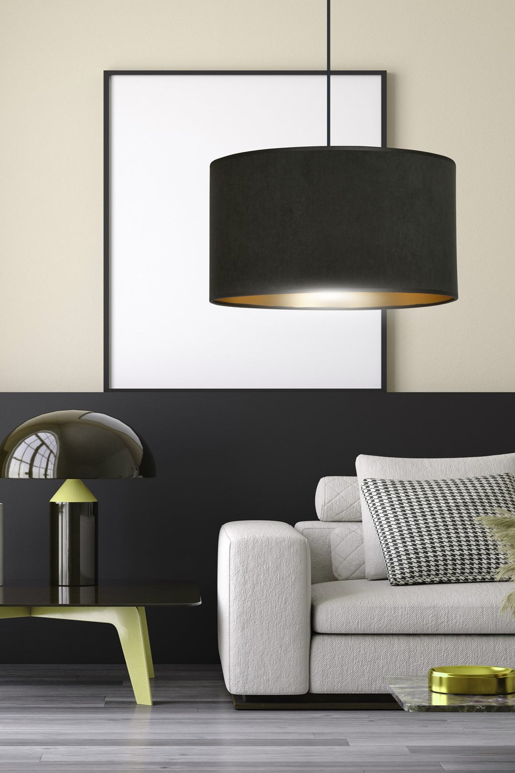 Hanglamp gepoedercoat staal en stof Hilde zwart met gouden binnenkant Ø 35 cm, voor eettafel, woonkamer en hal