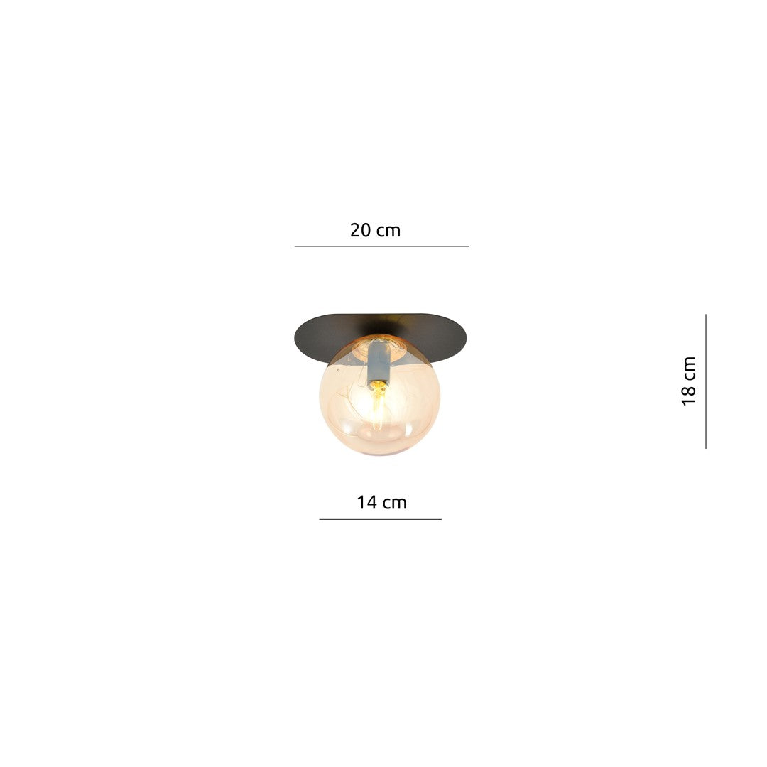 Plafondlamp Plaza gepoedercoat staal en glas, modern, zwart met amberkleurig glas Ø 14 cm, 1 x E14