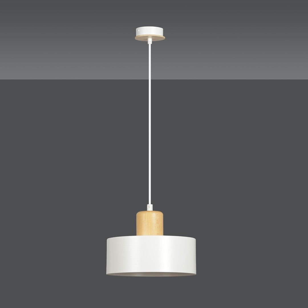 Hanglamp gepoedercoat staal en hout Torin, Scandinavisch, wit, Ø 25 cm, voor woonkamer, keuken of kantoor