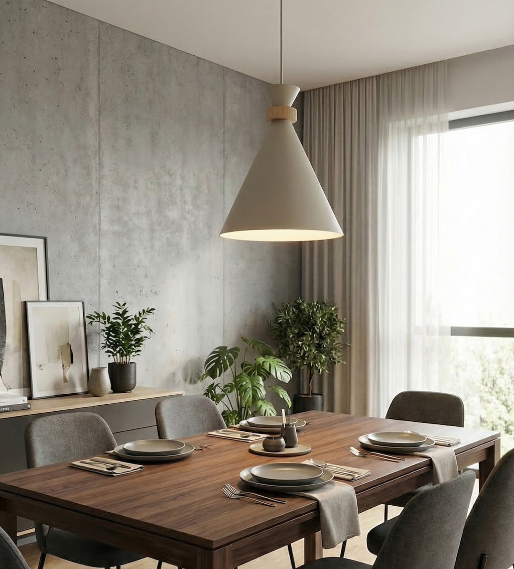 Hanglamp gepoedercoat staal met hout Scandinavisch beige Ø 23 cm, 1 fitting E27, boven kookeiland of eettafel