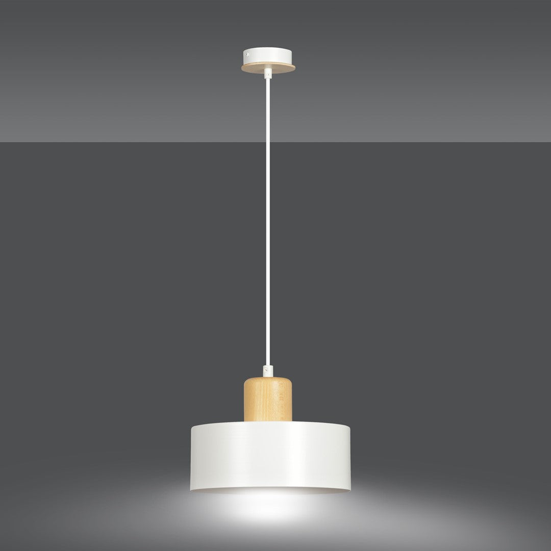 Hanglamp gepoedercoat staal en hout Torin, Scandinavisch, wit, Ø 25 cm, voor woonkamer, keuken of kantoor