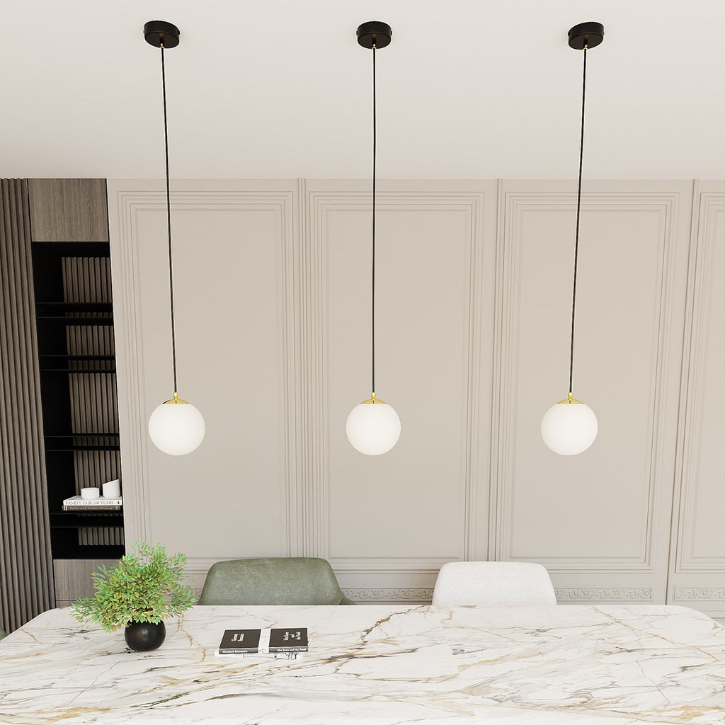 Hanglamp gepoedercoat staal en glas, retro, zwart met goud, witte kap Ø 14 cm, hoogteverstelbaar, E14