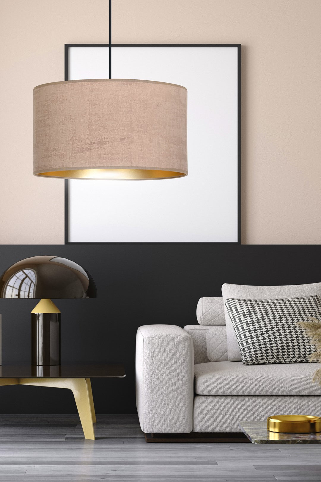 Hanglamp stof en gepoedercoat staal Hilde, roze met goudkleurige binnenzijde, Ø 35 cm, 1 lichtpunt E27