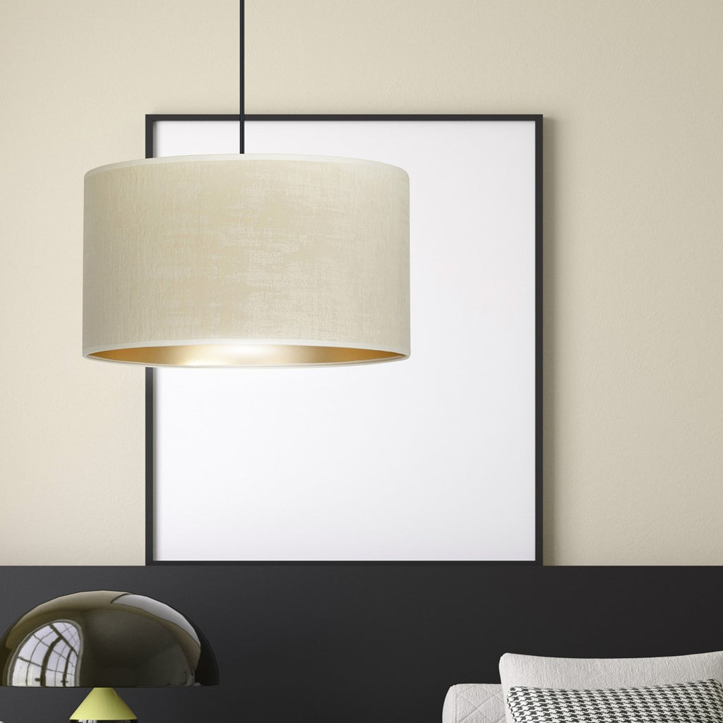 Hanglamp Hilde gepoedercoat staal en stof, minimalistisch, wit met gouden binnenzijde, Ø 35 cm, verstelbare hoogte