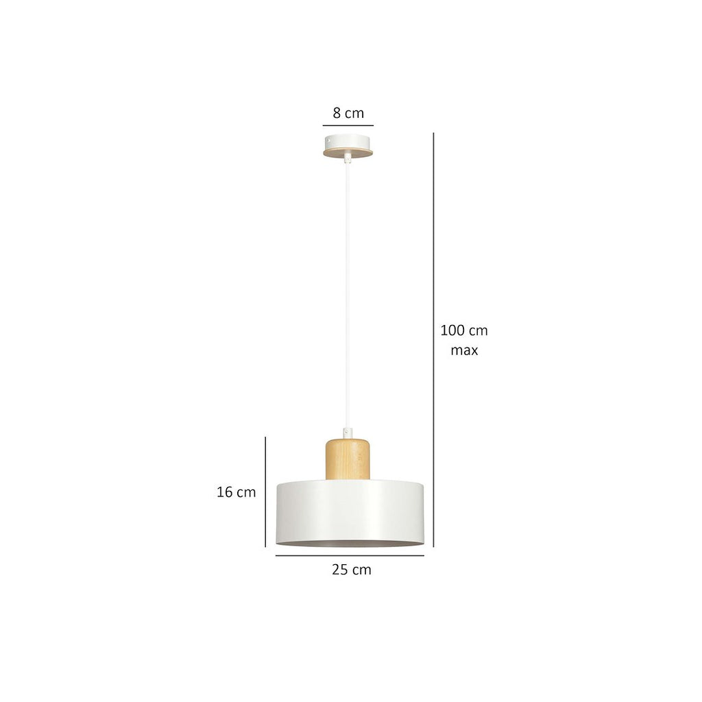 Hanglamp gepoedercoat staal en hout Torin, Scandinavisch, wit, Ø 25 cm, voor woonkamer, keuken of kantoor