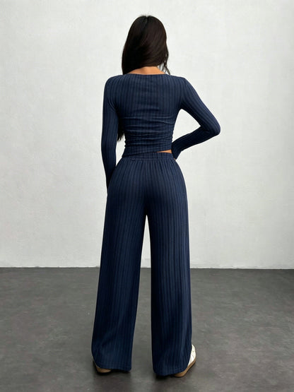 Ribbed loungewear set for women, long-sleeve crop top and wide-leg pants