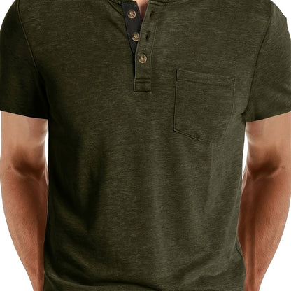 Herren Henley T-Shirt Kurzarm Casual Freizeitshirt mit Knopfleiste und Brusttasche