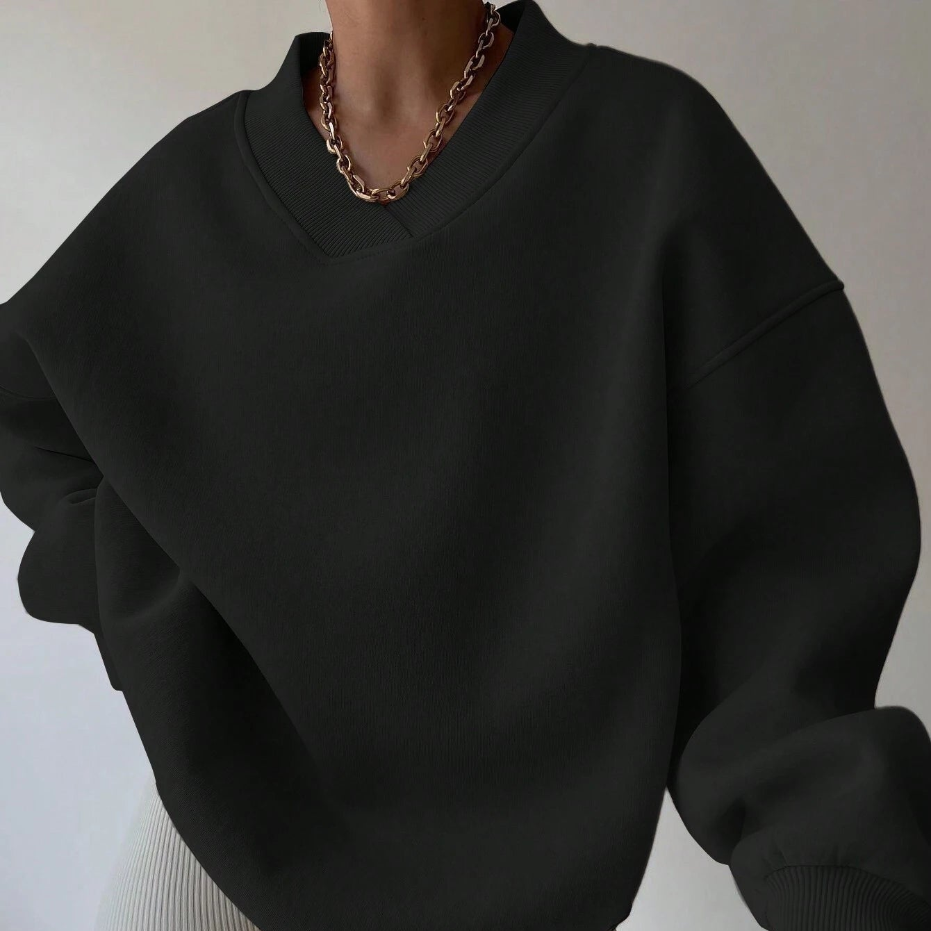 Black oversized V-neck sweatshirt for women
