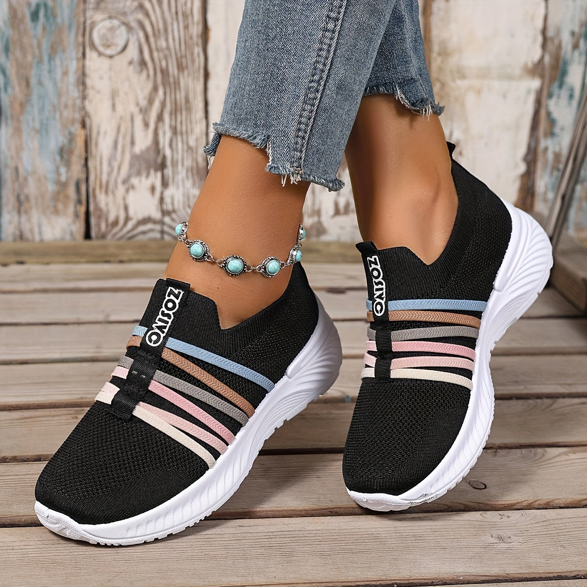 Damen Slip-On Freizeitschuhe mit Streifenmuster – Bequeme Alltags-Sneaker für Freizeit und Alltag