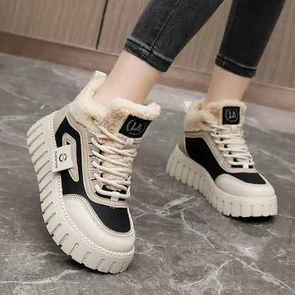 Women's beige and black platform sneakers with lining