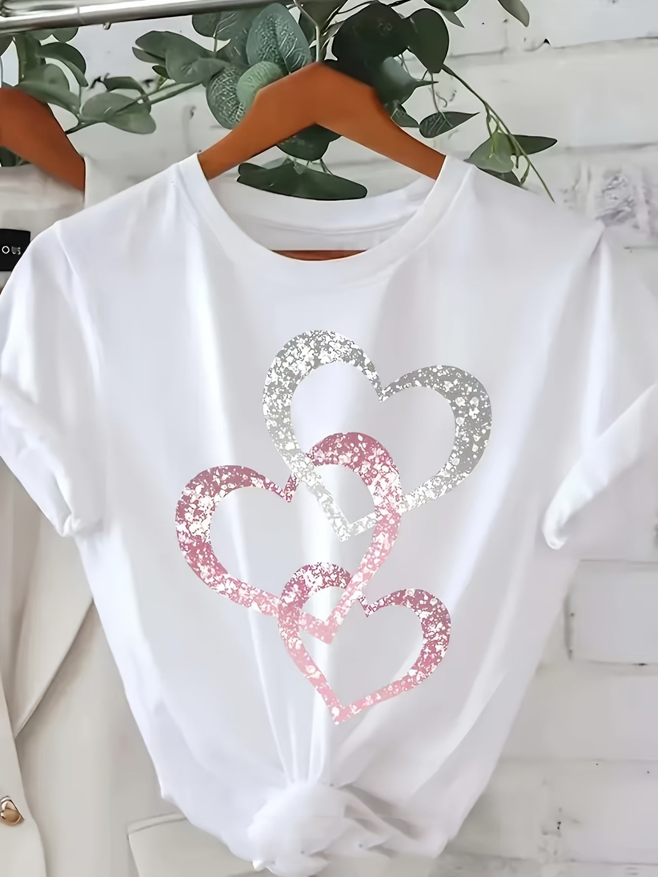Damen T-Shirt mit Glitzer-Herz-Print, Casual Sommer Style