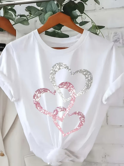 Damen T-Shirt mit Glitzer-Herz-Print, Casual Sommer Style