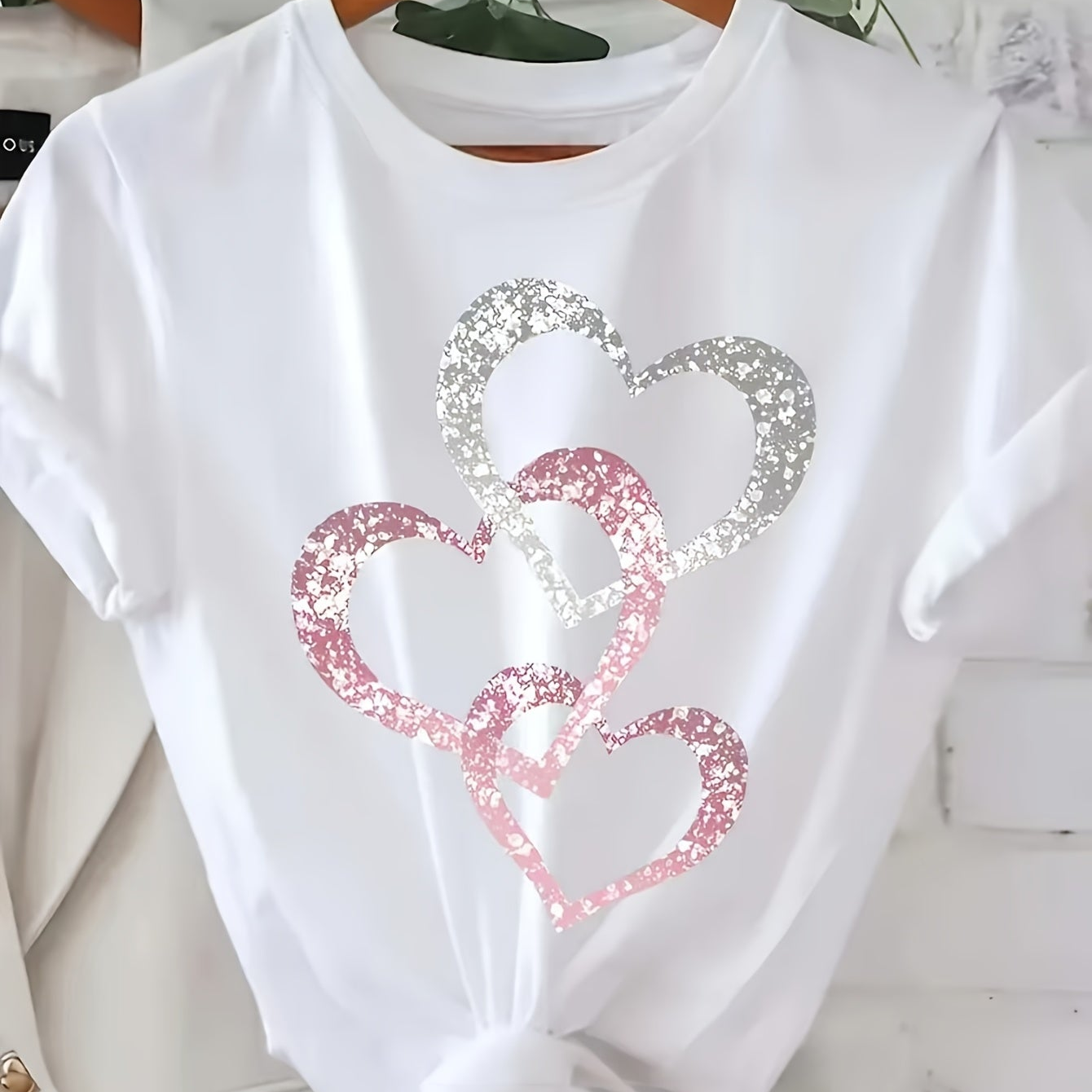 Damen T-Shirt mit Glitzer-Herz-Print, Casual Sommer Style