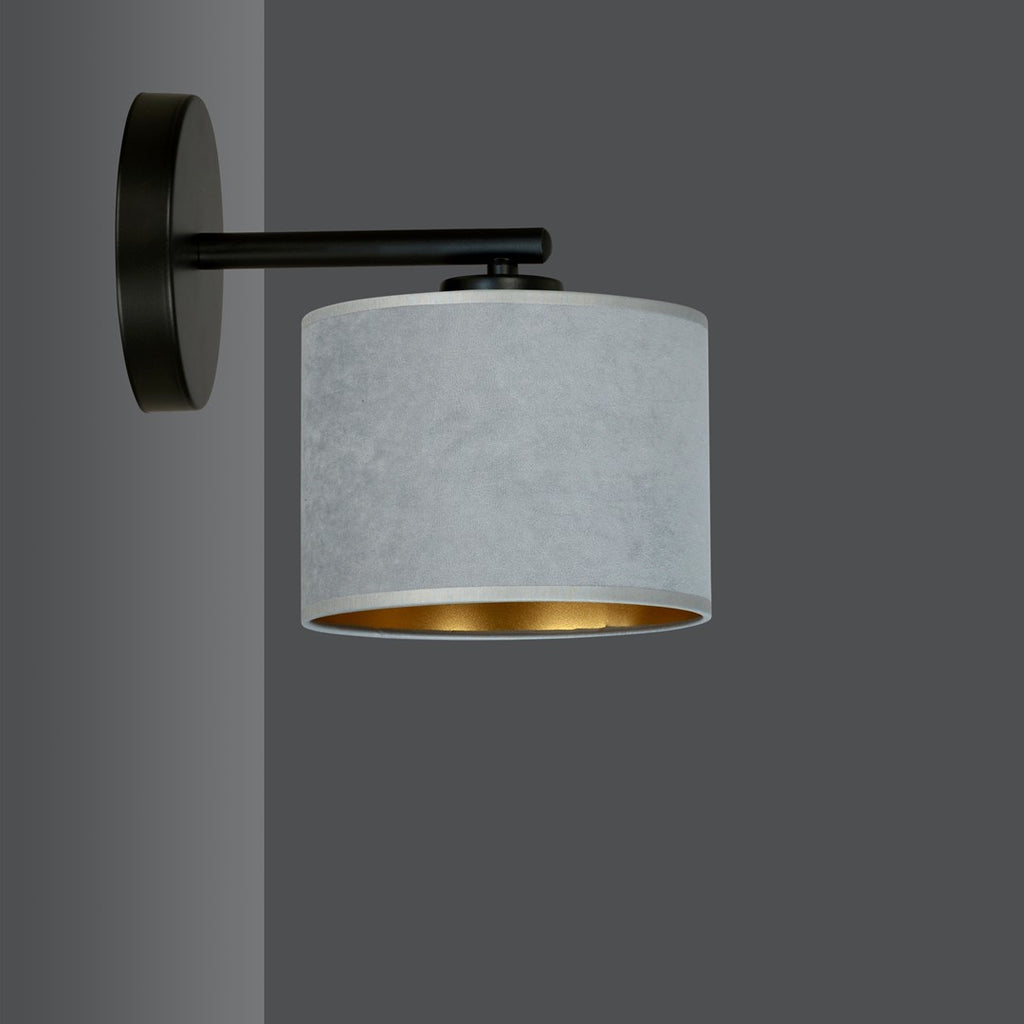 Wandlamp gepoedercoat staal en stof Hilde minimalistisch zwart met grijze kap Ø 20 cm, E27 voor woonkamer en slaapkamer