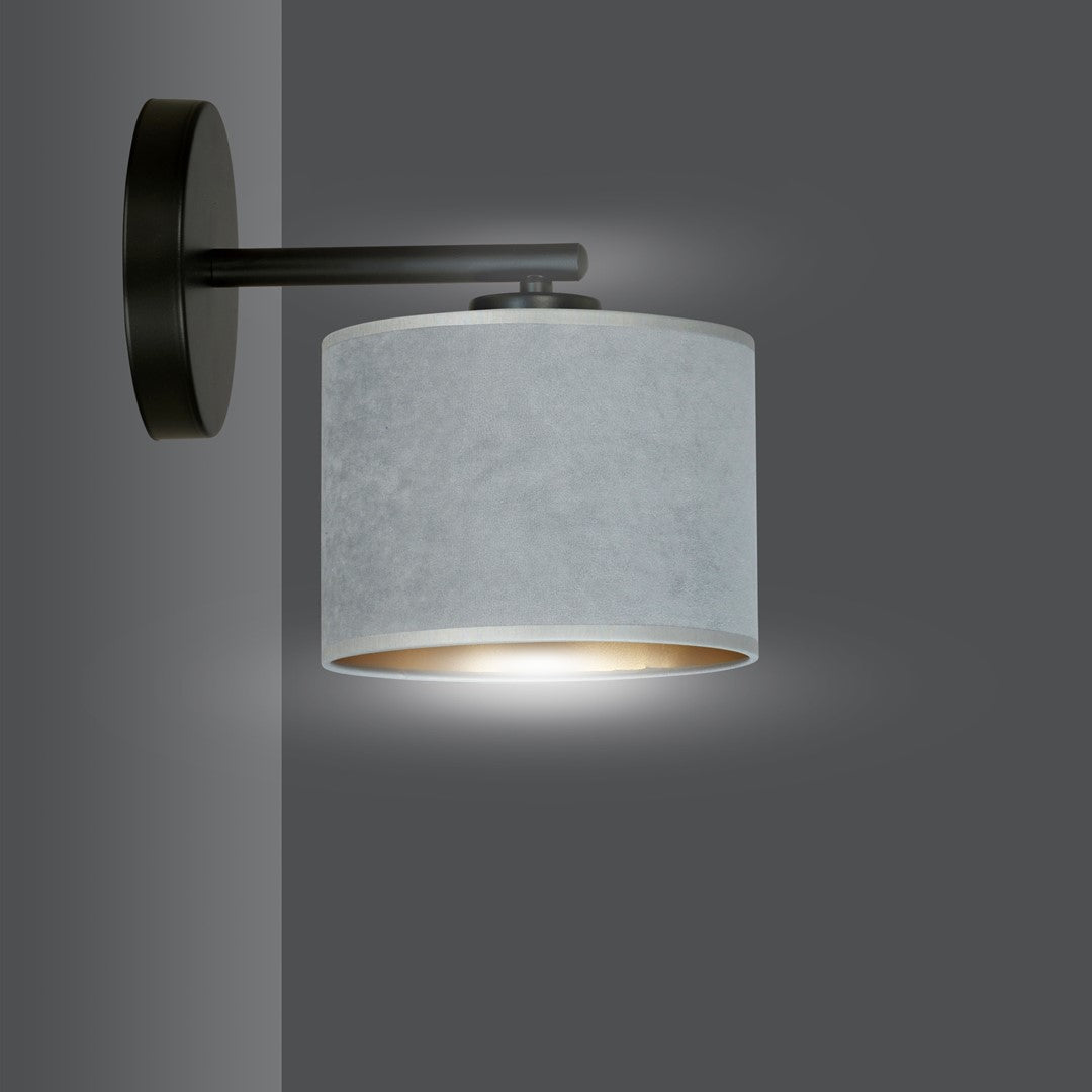 Wandlamp gepoedercoat staal en stof Hilde minimalistisch zwart met grijze kap Ø 20 cm, E27 voor woonkamer en slaapkamer