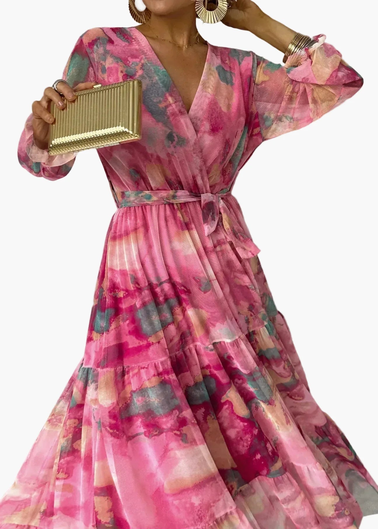 Women's Long Dress Wrap Style Elegant Festive with Floral Pattern – Perfect for Special Occasions