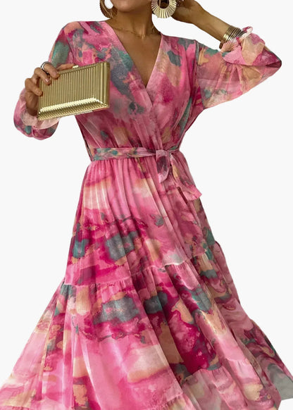 Women's Long Dress Wrap Style Elegant Festive with Floral Pattern – Perfect for Special Occasions