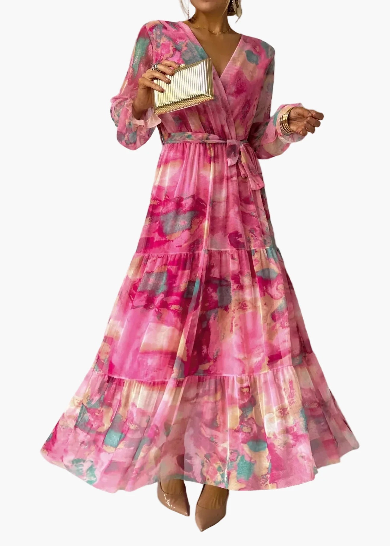 Women's Long Dress Wrap Style Elegant Festive with Floral Pattern – Perfect for Special Occasions