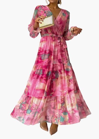 Women's Long Dress Wrap Style Elegant Festive with Floral Pattern – Perfect for Special Occasions