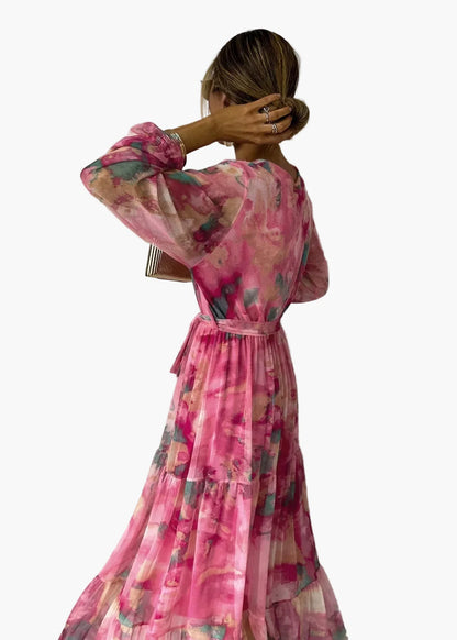 Women's Long Dress Wrap Style Elegant Festive with Floral Pattern – Perfect for Special Occasions