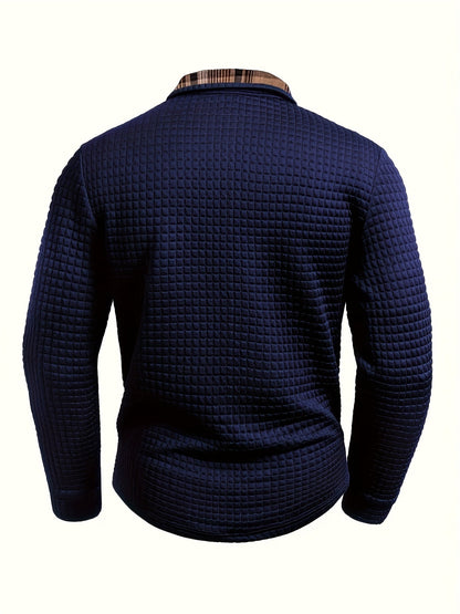 Men's long-sleeve polo shirt with waffle texture and checked pattern