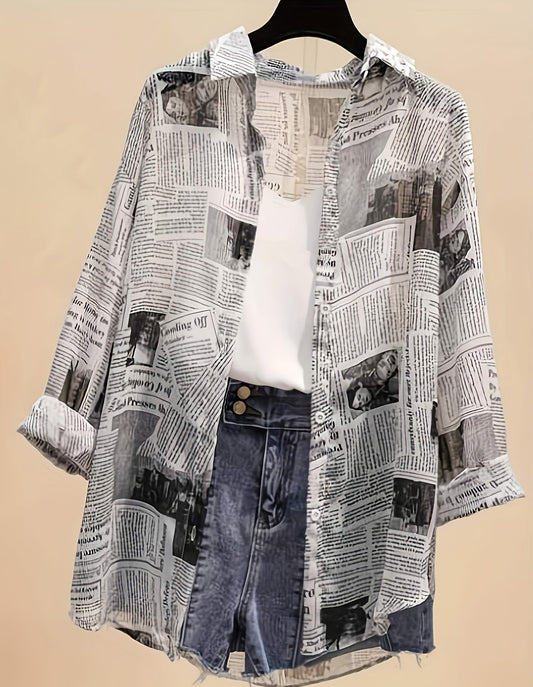 Women's blouse with newspaper print and shorts – fashionable set for leisure and everyday wear