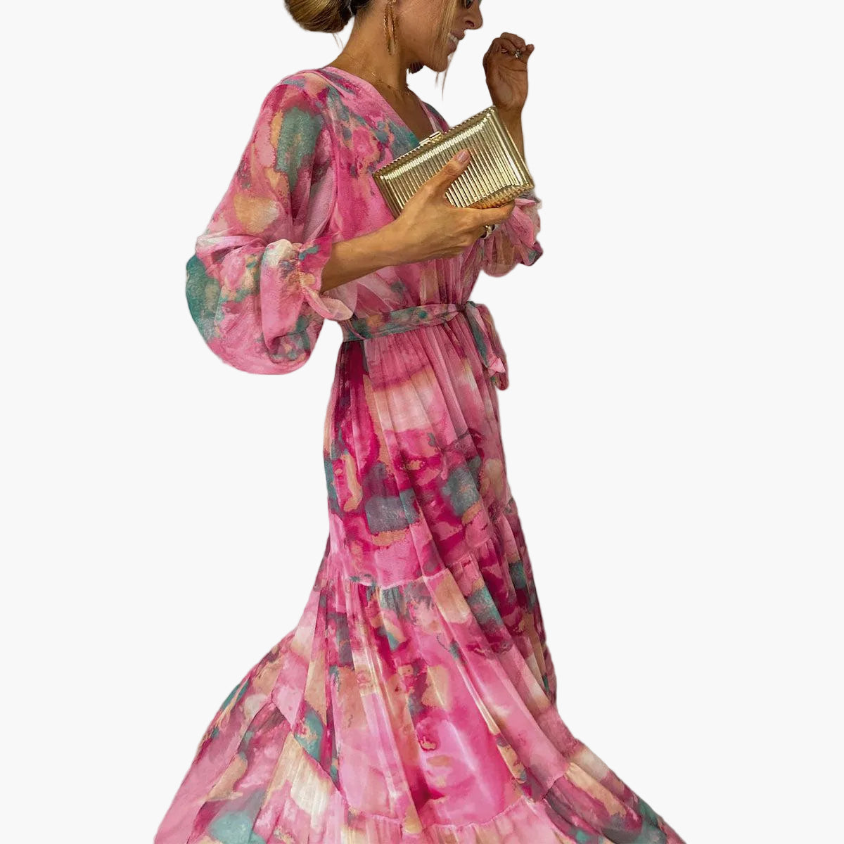 Women's Long Dress Wrap Style Elegant Festive with Floral Pattern – Perfect for Special Occasions