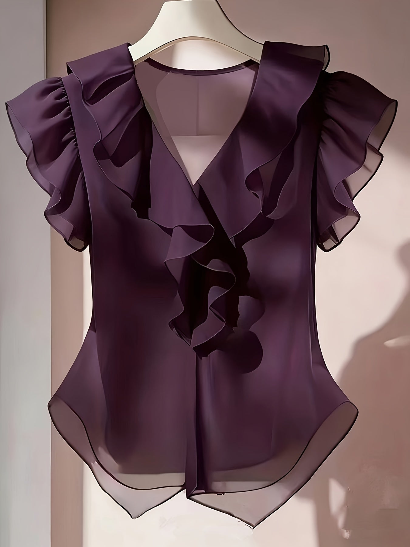 Women's blouse with ruffles and V-neck – Elegant frilled blouse for office and leisure