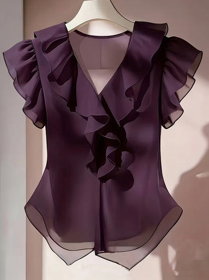 Women's blouse with ruffles and V-neck – Elegant frilled blouse for office and leisure