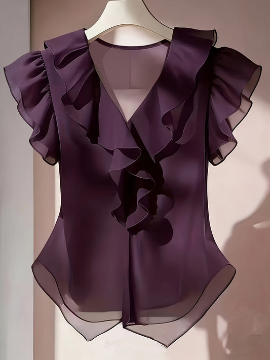 Women's blouse with ruffles and V-neck – Elegant frilled blouse for office and leisure
