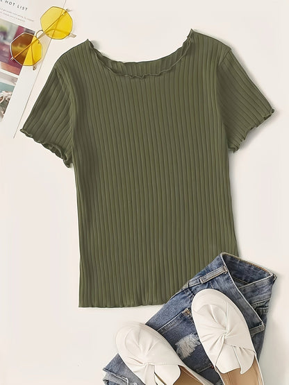 Women's short-sleeve ribbed top with wavy hem – fashionable basic for everyday and office wear