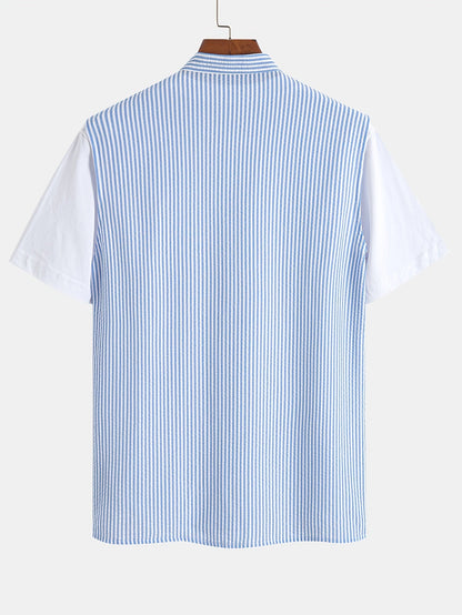 Men's Modern Short-Sleeve Henley with Stand-Up Collar – Striped Casual Shirt for Summer and Everyday Wear