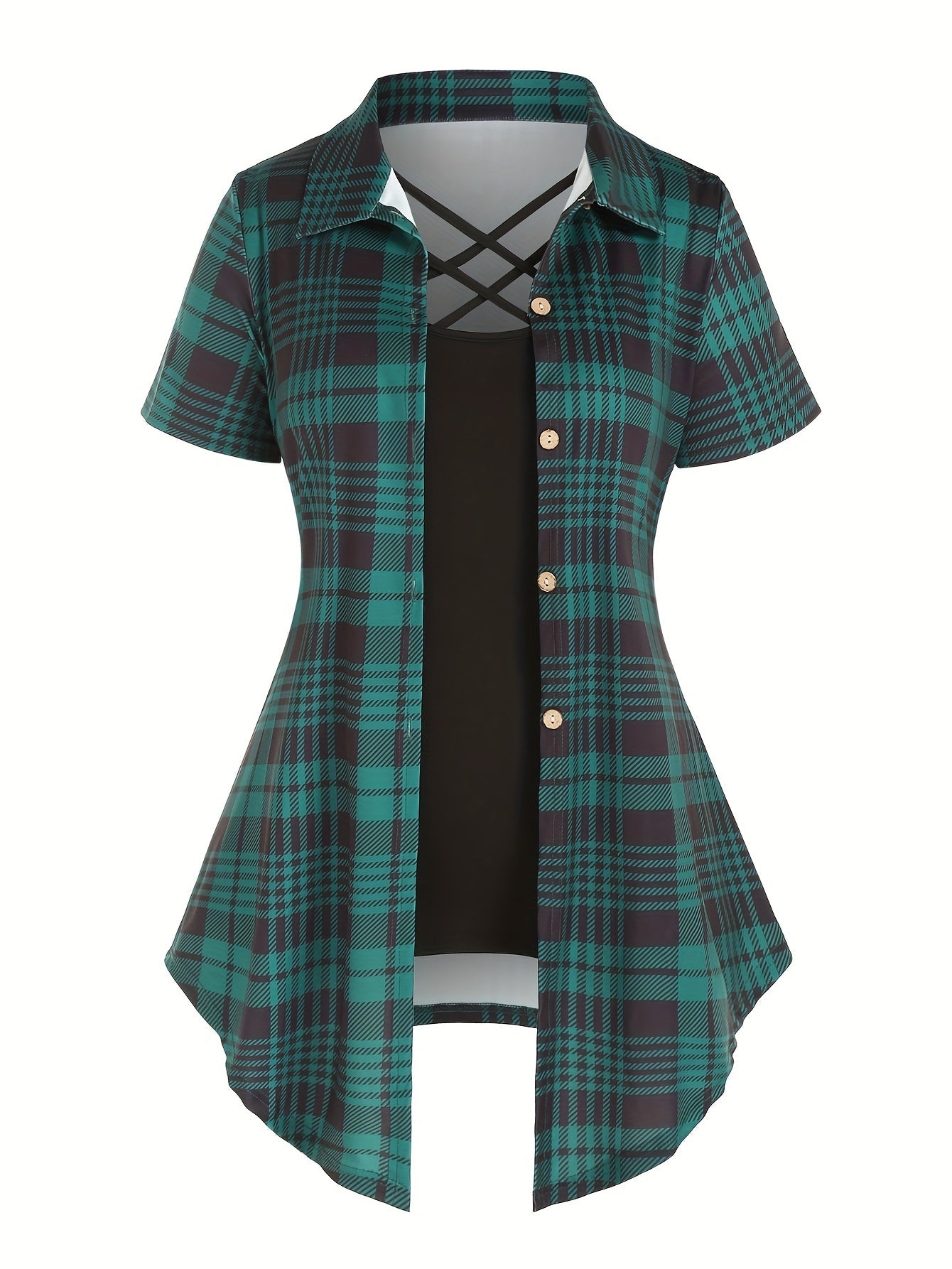 Women's plaid blouse with overlay and elegant look – summer casual shirt with cross detail
