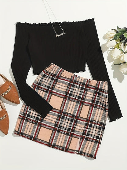 Women's Set Elegant Off-Shoulder Top and Plaid Mini Skirt – Perfect for Spring & Summer