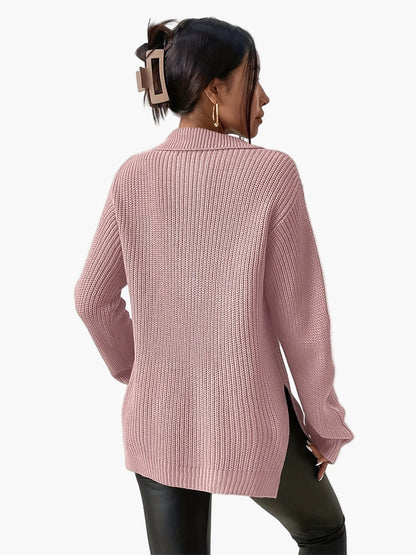 Women's knitted sweater with zipper and high collar – fashionable oversized sweater for autumn and winter